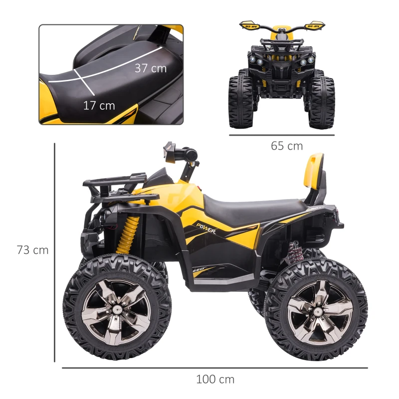 HOMCOM Quad Buggy électrique Enfant 12 V 8 Km/h Max. Voiture électrique Enfant avec Effets Lumineux sonores Selle avec Dossier Porte-Bagage Avant métal PP Jaune Noir(m-3)