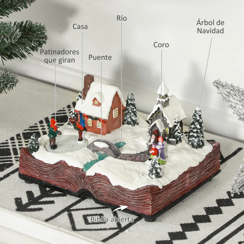 HOMCOM Pueblo Navideño Escena Navideña con Luces y Música Patinadores Giratorios Decoración de Navidad 23x18x15 cm Multicolor