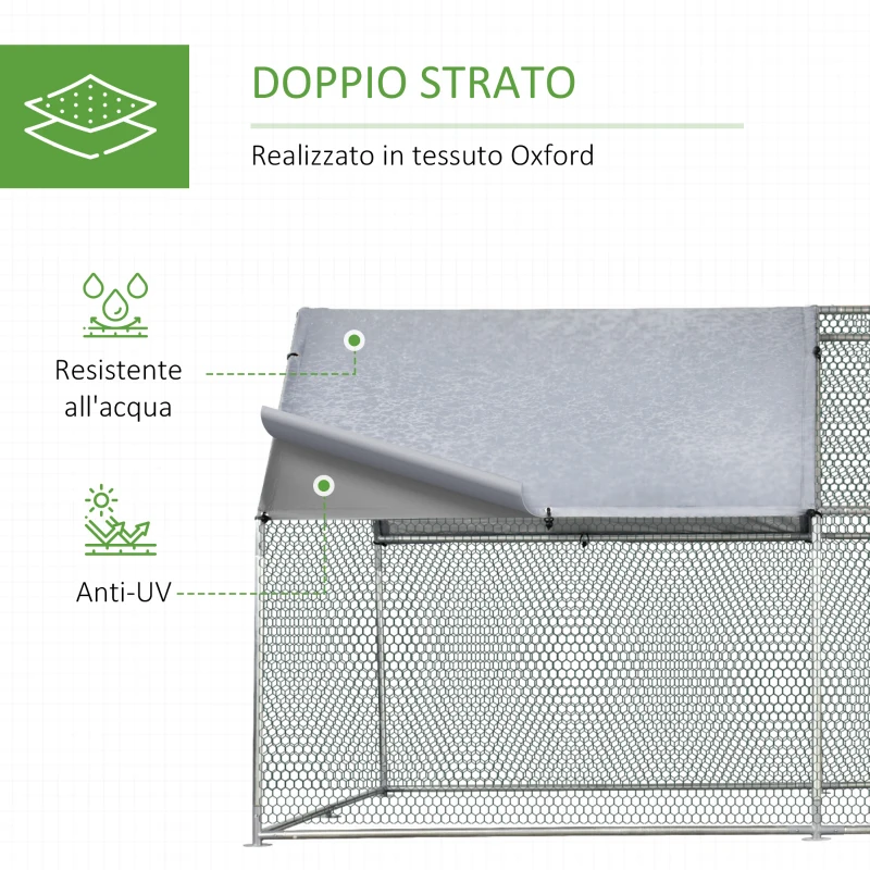 Pawhut Recinto Gabbia per Galline da Esterno in Metallo Galvanizzato, Pollaio per Galline Ovaiole da Esterno, Porta con Blocco e Sezione con Tessuto Oxford, 280x380x195 cm, Argento