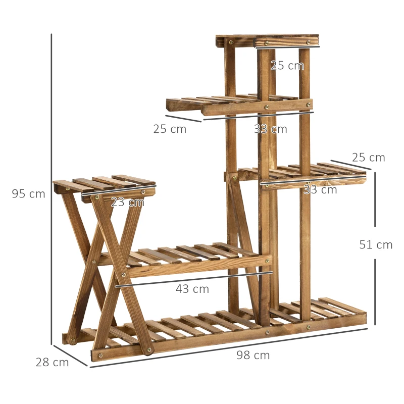 Outsunny Étagère à Fleurs en Bois Supports de Pots Porte Plante Bois 6 tablettes - dim. 98L x 28l x 95H cm - Bois de Sapin traité carbonisation pour Intérieur Jardin Terrasse Balcon