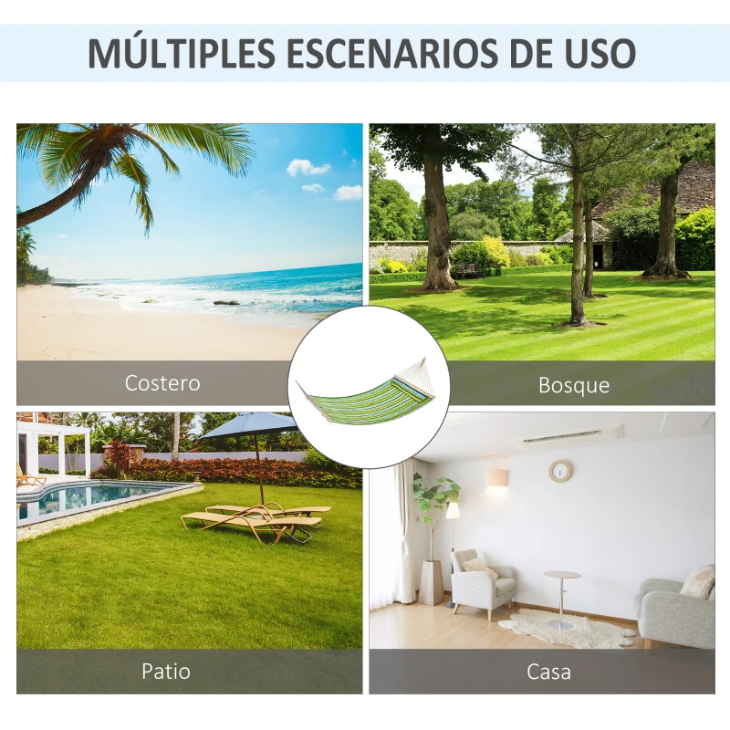 Outsunny Hamaca Colgante de Jardín para 2 Personas Hamaca Ecológico para Camping con Almohada Carga de 180 kg Rayas Azules y Verdes 3,4x1,4m