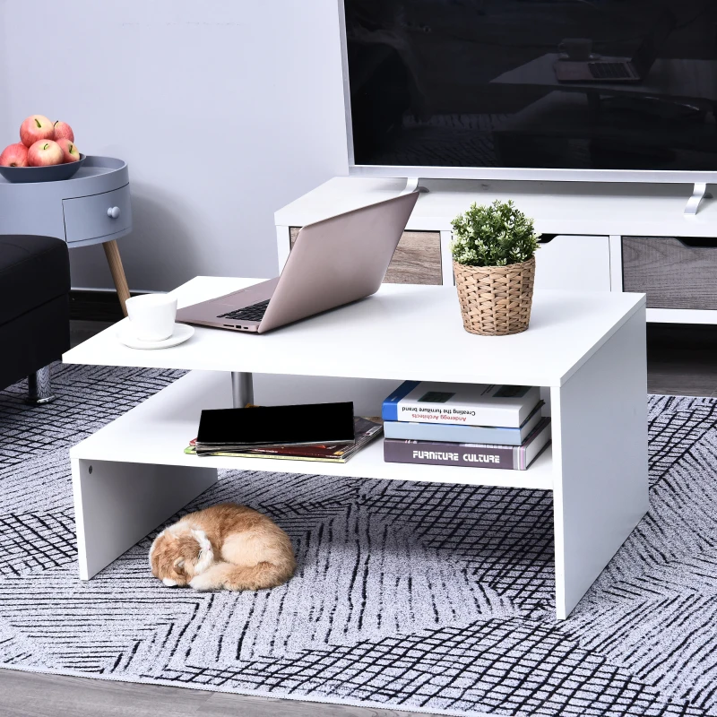 HOMCOM Coffee Table with Storage, 2-Tier Centre Table, Modern Living Room Table with Open Shelf and Aluminium Poles, White