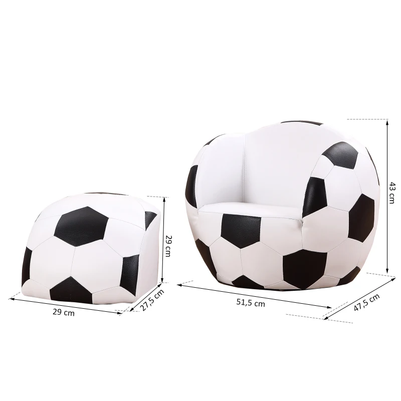 HOMCOM Kindersessel inkl. Hocker Kindercouch Kindersofa Fußball Kinderzimmer Sitzmöbel Weiß Schwarz für 3-7 Jahre alt