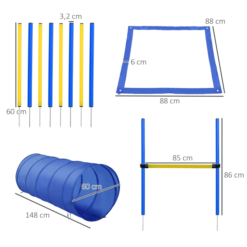 Set de Entrenamiento de Agilidad para Perros Obstáculos de Salto con Altura Ajustable Túnel para perros para Exteriores con Bolsa de Transporte 60x60x148 cm Azul y Amarillo