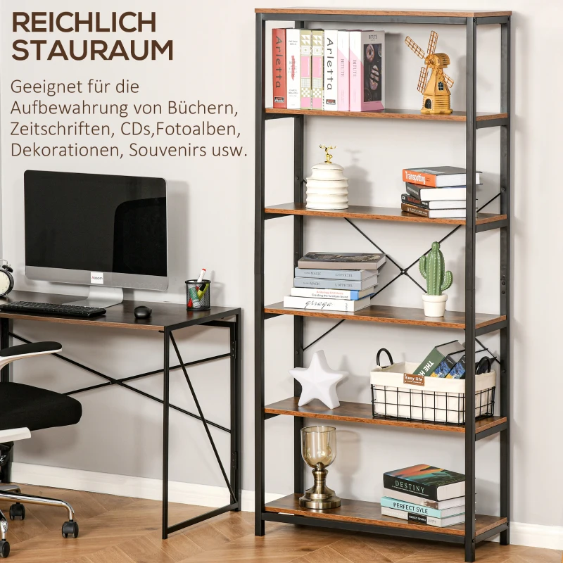 HOMCOM Bücherregal mit 5 Fächer, Standregal, Industriestil, Wohnzimmer, Schlafzimmer, Büro, E1 Spanplatte, Braun, 80 x 30 x 180 cm