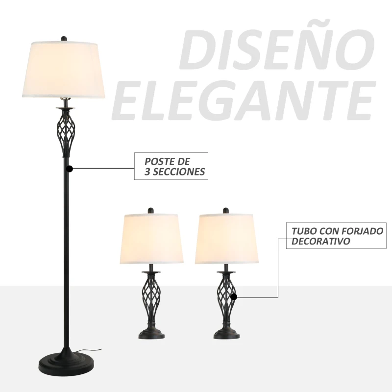 HOMCOM Juego de 2 Lámparas de Mesa y Lámpara de Pie con Pantalla de Tela E27 Máx. 40W Ø38x158 cm y Ø30x62 cm Blanco