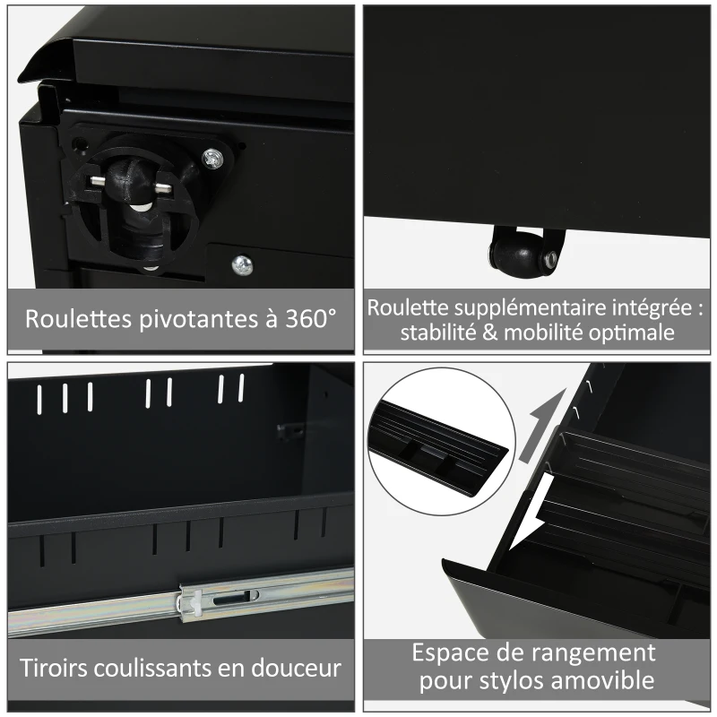 Vinsetto Caisson de bureau rangement bureau sur roulettes 3 tiroirs coulissants verrouillables trieur à dossiers dim. 39L x 48I x 59H cm acier noir