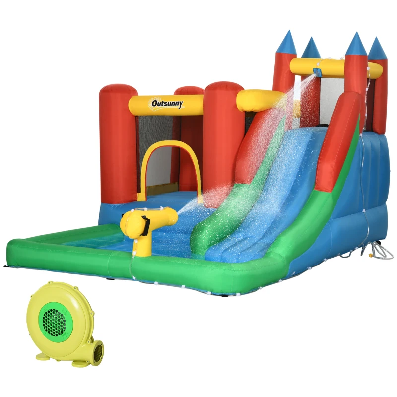 Outsunny Kids Inflatable Bouncy Castle Water Slide 6 in 1 Bounce House Jumping Castle Water Pool Gun Climbing Wall Basketball Hoop with Air Blower for Summer Playland