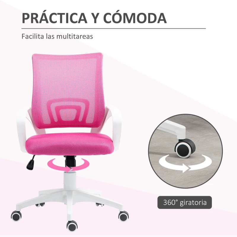 HOMCOM Silla de Escritorio de Malla Giratoria con Altura Ajustable Función de Basculante y Reposabrazos Carga 120 kg Rosa