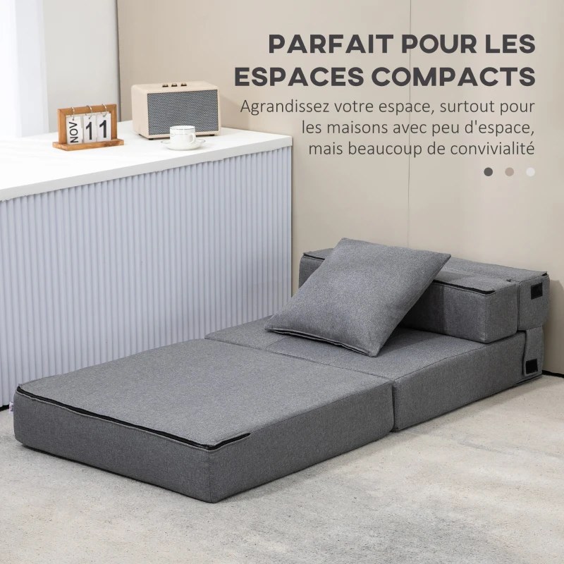 HOMCOM Chauffeuse canapé-lit convertible fauteuil 1 place avec 1 coussin déhoussable, tissu gris