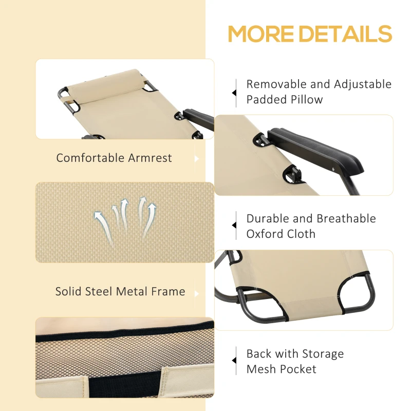 Outsunny 2 in 1 Folding Sun Lounger Reclining Garden Chair with 2-Level Adjustable Backrest, Outdoor Zero Gravity Recliner Garden Chair with Head Pillow and Armrests, Beige