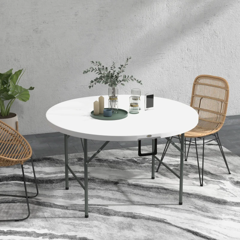 Outsunny Folding Garden Table, Φ122 cm Round HDPE Outdoor Picnic Table for 6, Metal Frame for Patio, Park, White