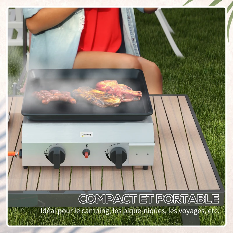 Outsunny Plancha gaz en acier inox émaillé 2 brûleurs 4,8 kW antiadhésive grande surface de cuisson 40L x 34l cm, transportable