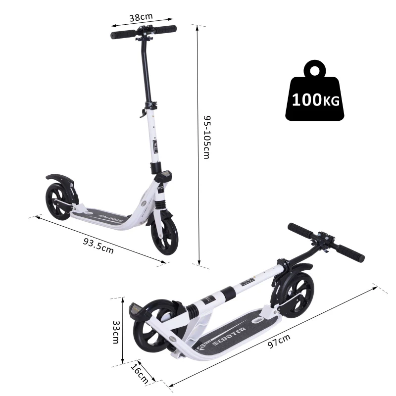 HOMCOM Monopattino Scooter Monopattino Pieghevole Regolabile con Serratura Rinforzata per Adulti e Bambini in Alluminio, PP, PU 93.5 x 38  x 95-105 cm Bianco