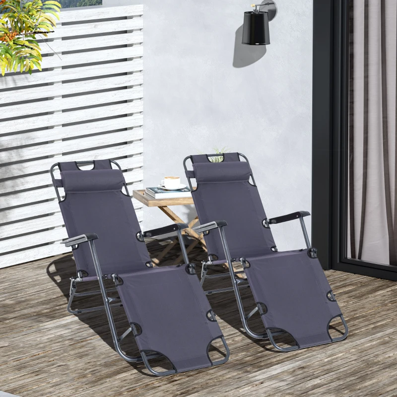 Outsunny 2 in 1 Folding Sun Lounger Reclining Garden Chair Set of 2 with 2-Level Adjustable Backrest, Outdoor Zero Gravity Recliner Garden Chairs with Head Pillow and Armrests, Grey