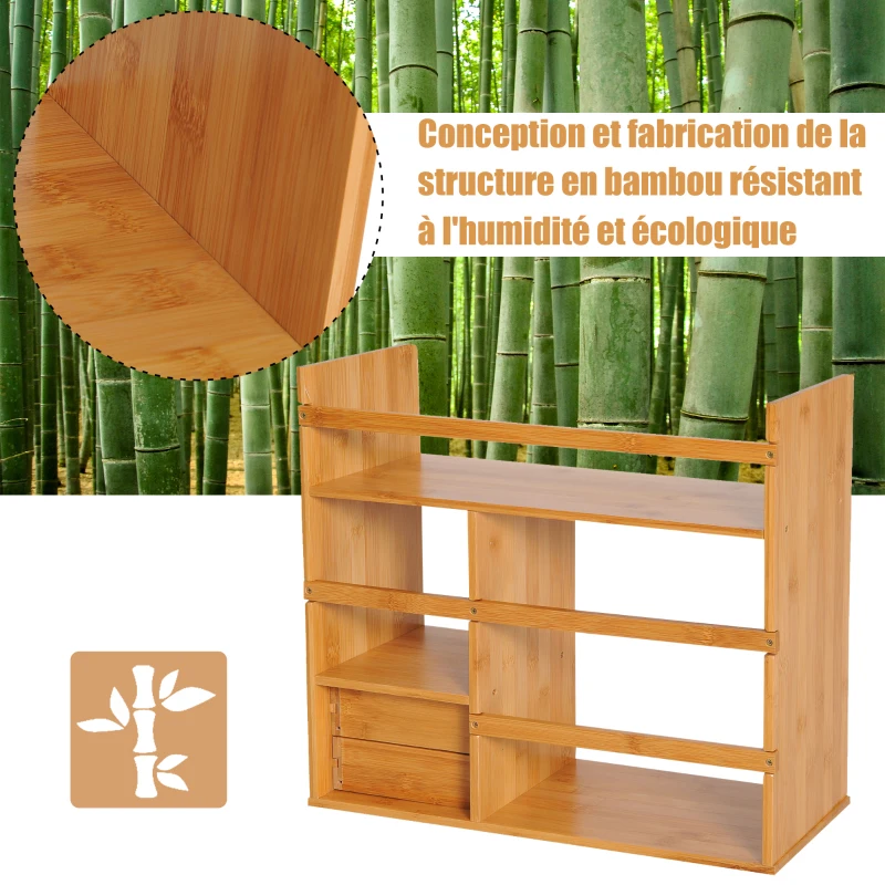 HOMCOM Étagère Livre Bureau Bibliothèque Stockage Organisateur Bureau Cuisine Salle de Bain Bois de Bambou Naturel