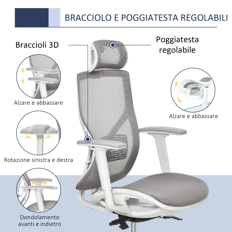 Vinsetto Sedia Ergonomica da Ufficio con Poggiatesta, Inclinazione e Altezza Regolabile, Poltrona Girevole Basculante con Ruote e Schiena in Rete, 67x65x120-128cm, Grigio