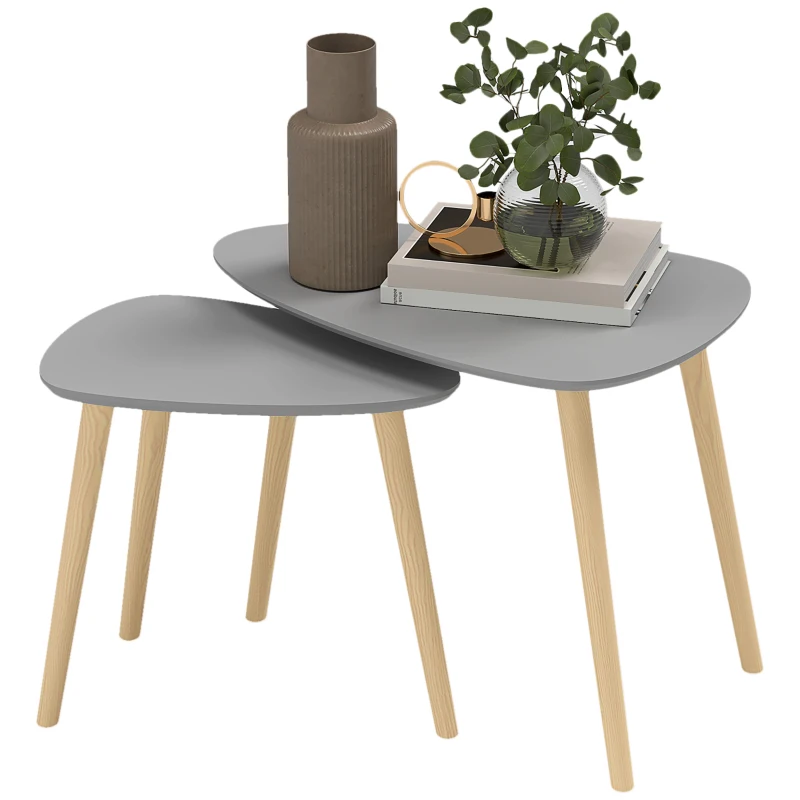 HOMCOM Juego de 2 Mesas Auxiliares Mesas Nido con Patas de Madera 59,5x39,5x45 cm y 44,5x28,5x40 cm Gris y Natural