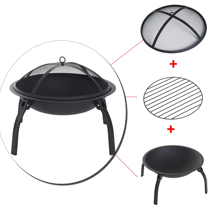 Outsunny brasero cheminée foyer extérieur 71L x 71l x 40H cm pieds rétractables grille à charbon couvercle tisonnier métal noir