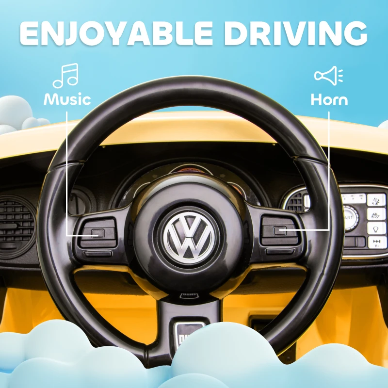 AIYAPLAY Coche Eléctrico para Niños de +3 Años Volkswagen Beetle con Batería 12V Mando a Distancia Faros Bocina y Música Amarillo