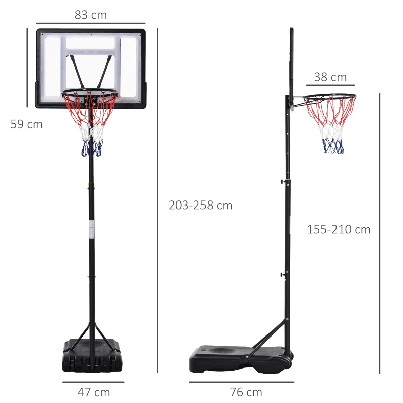 HOMCOM Panier de basket sur pied hauteur réglable de 203cm à 258 cm avec roulettes panneau arrière solide base de lestage noir