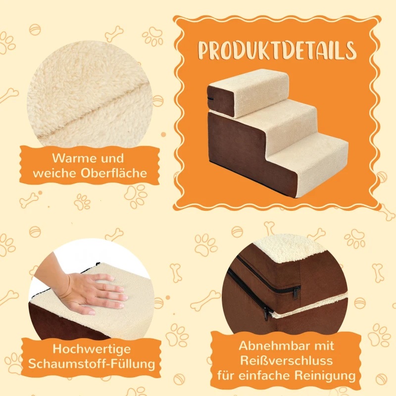 PawHut Haustiertreppe Hundetreppe Katzentreppe 3 Stufen für Katzen und Hunde Plüsch Beige 54 x 40 x 39cm