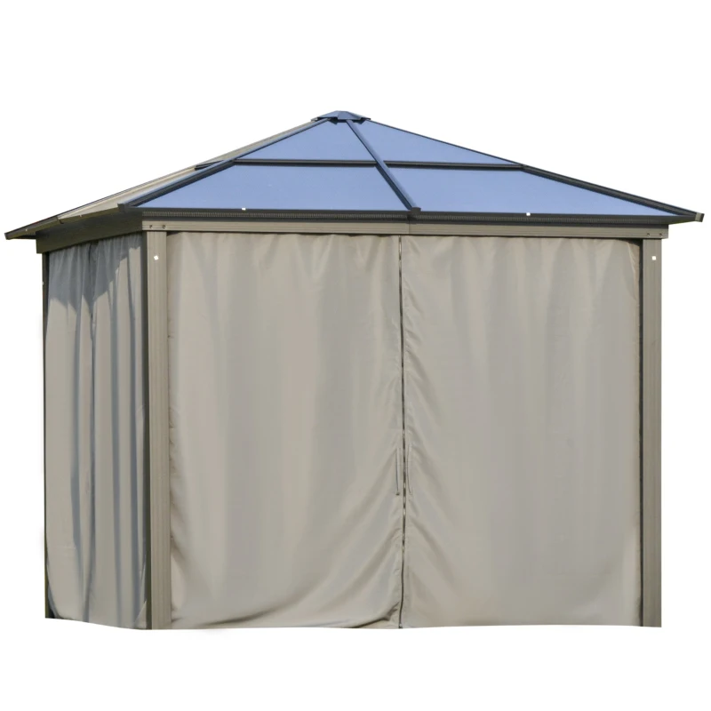 Outsunny Pavillon mit Polycarbonatdach, Vorhänge mit Fliegennetz, Alugestell, grau, 3 x 3 x 2,6 m