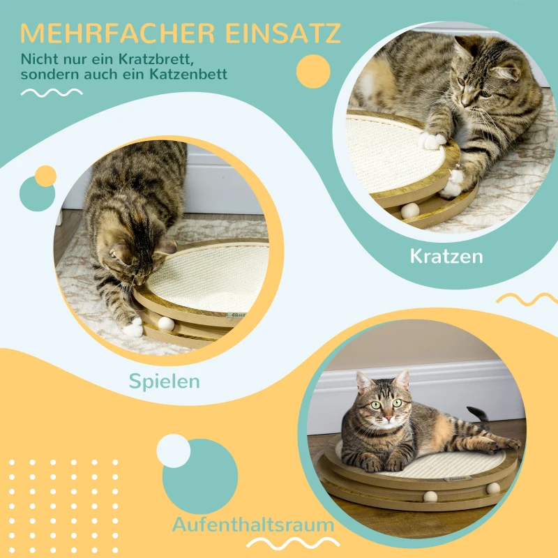 PawHut Kratzbrett inkl. Spielzeug, Kratzmatte, Katzenspielzeug, 40 cm x 40 cm x 4,5 cm, Natur