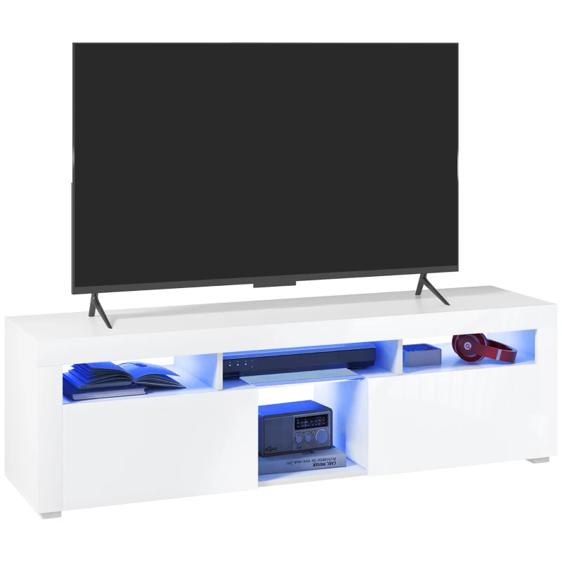 HOMCOM Meuble banc TV, meuble de télévision, jusqu'à 55 pouces, avec LED, étagères et placards, 150 x 38 x 45 cm, blanc laqué