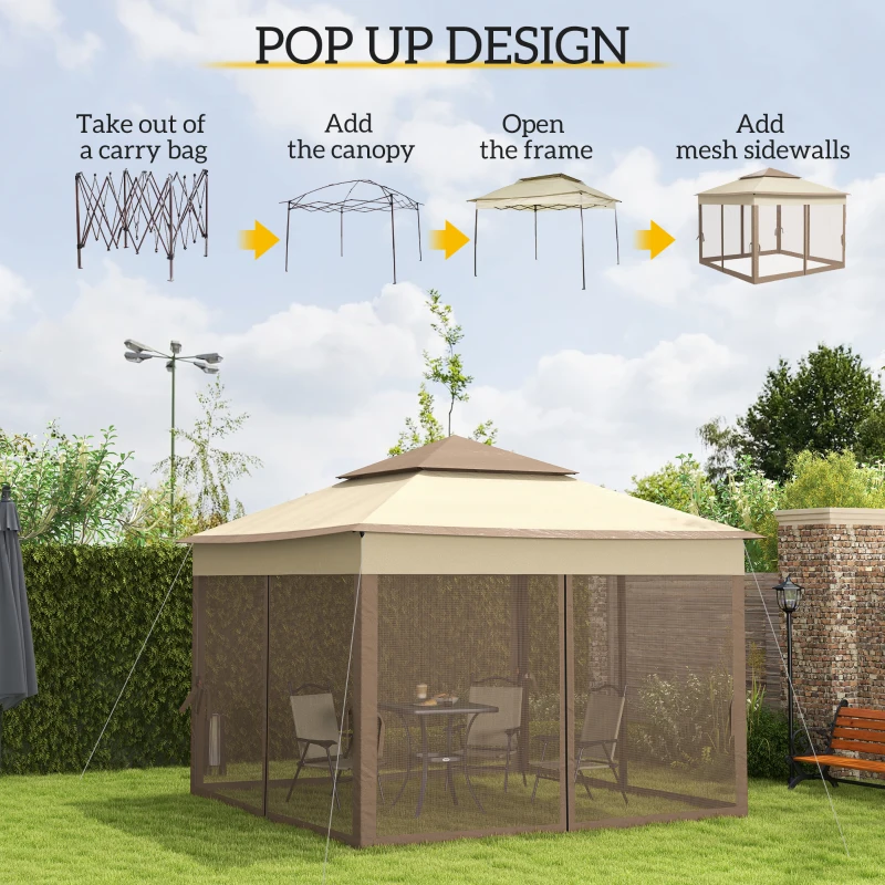 Outsunny 3 x 3(m) Pop Up Gazebo, Marquee Party Tent with Double Tier Roof, Netting and Carry Bag, Event Shelter for Outdoor Patio, Khaki