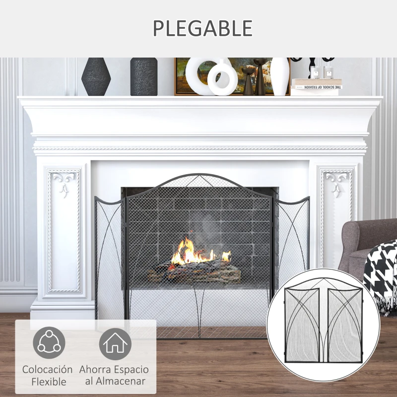 HOMCOM Salvachispas Plegable Pantalla Protectora de Chimenea 3 Paneles con Bisagras y Estructura de Metal Decorativa 108x24x76 cm Negro