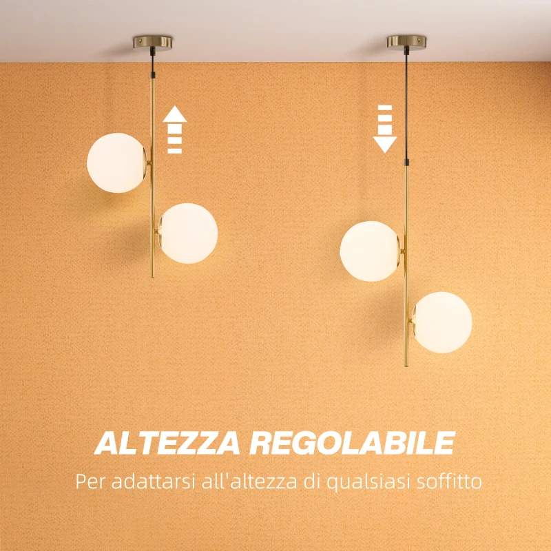 HOMCOM Lampada a Sospensione con 2 Paralumi in Vetro e Filo Regolabile, in Metallo, 32x15x51 cm, Bianca e Oro