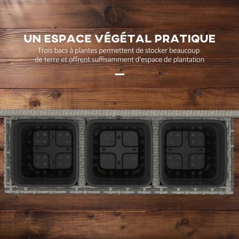 Outsunny Jardinière pour plantes avec treillis 3 bacs à plante 33L en résine tressée et acier dim. 84L x 30L x 107H cm