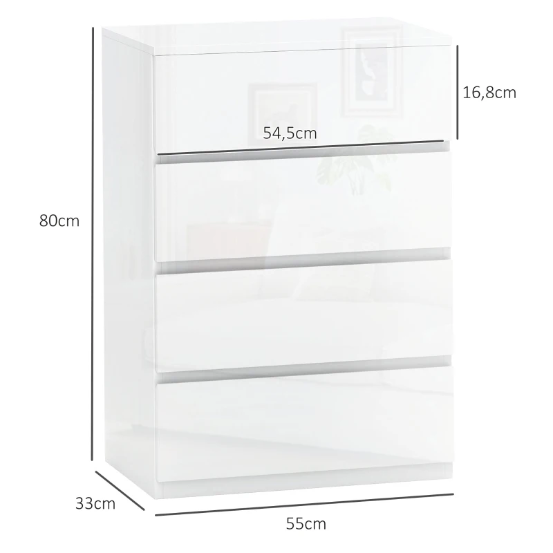 HOMCOM Cómoda con 4 Cajones Diseño Anti-vuelco Cajonera para Salón Pasillo 55x33x80 cm Blanco Brillante(m-3)