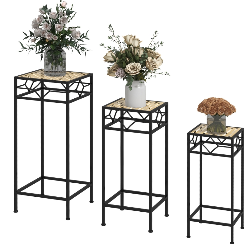 Outsunny Blumenstnder, 3er-Set, rund, stapelbar, Rattanoptik, Metallbeine,  In- und Outdoor, Schwarz/Gold | Aosom.de