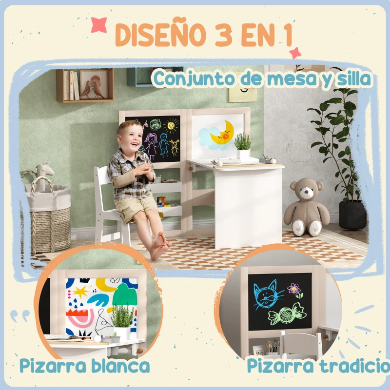 AIYAPLAY Mesa Infantil con Silla y Caballete Plegable Mesa para Niños de +3 Años con Estantes y Rollo de Papel Blanco