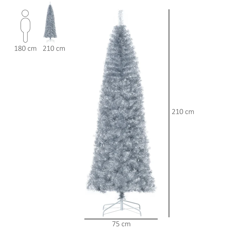 HOMCOM Albero di Natale Artificiale Innevato Alto 210cm con 818 Rami, Albero di Natale Slim con Base Rimovibile, in PET e Acciaio, Argento