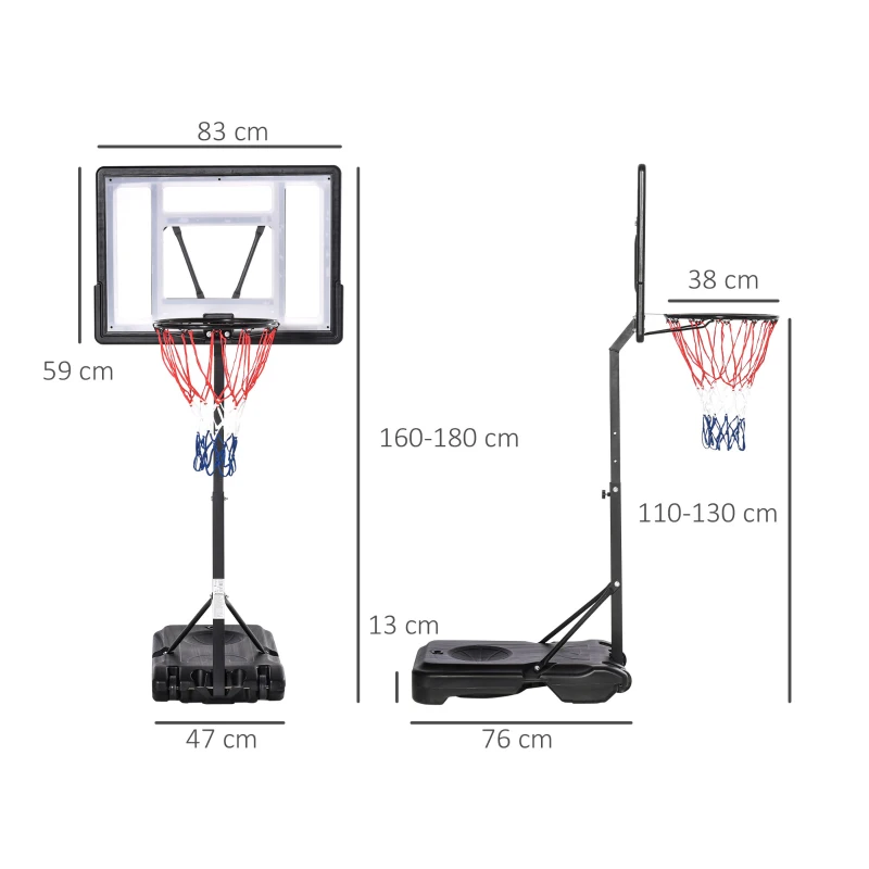 HOMCOM Panier de basket extérieur pour Bord de Piscine Poteau Panneau, Base de lestage sur roulettes Hauteur de l'arceau réglable 1,1-1,3 m Noir Blanc