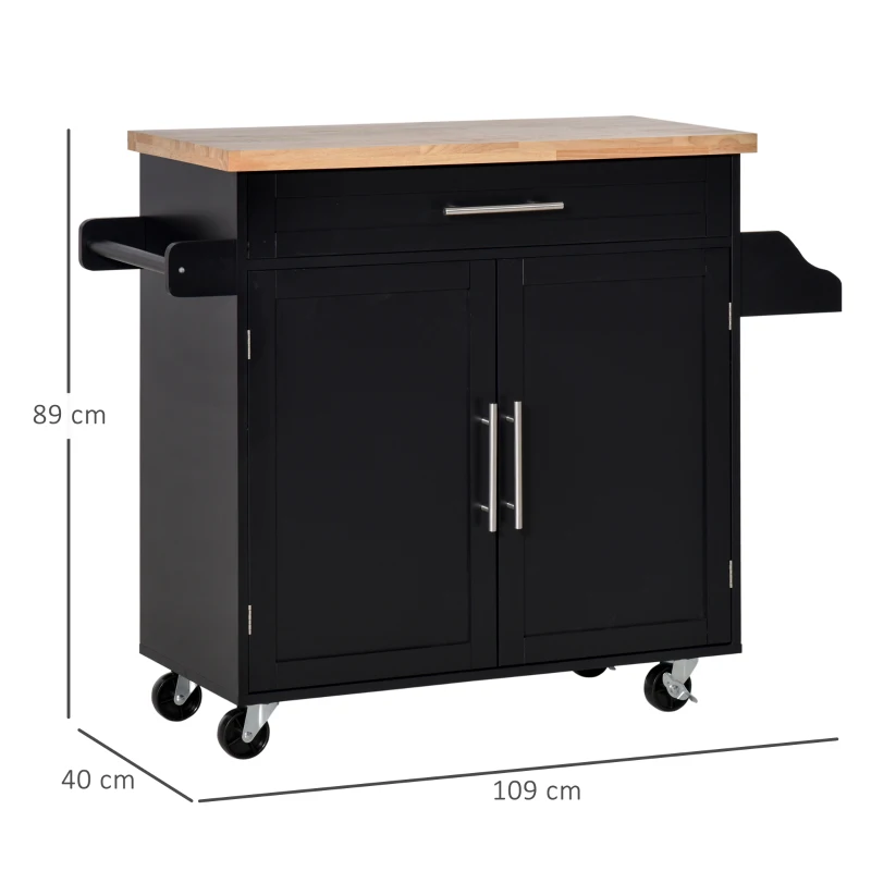 HOMCOM Carrello da Cucina Multiuso con Cassetto, Ruote, Portaspezie e Armadietto, Mobiletto Cucina con Ripiano Regolabile, Portasciugamani e Piano in Legno di Caucciù, 109x40x89 cm, Nero