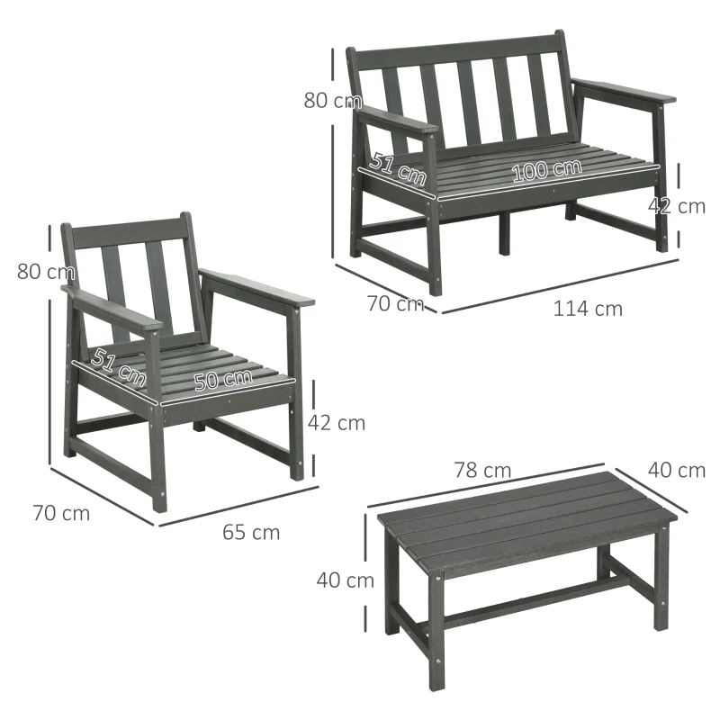 Outsunny Salotto da Giardino con Divanetto, 2 Poltrone e Tavolino in HDPE con Cuscini, Grigio Scuro