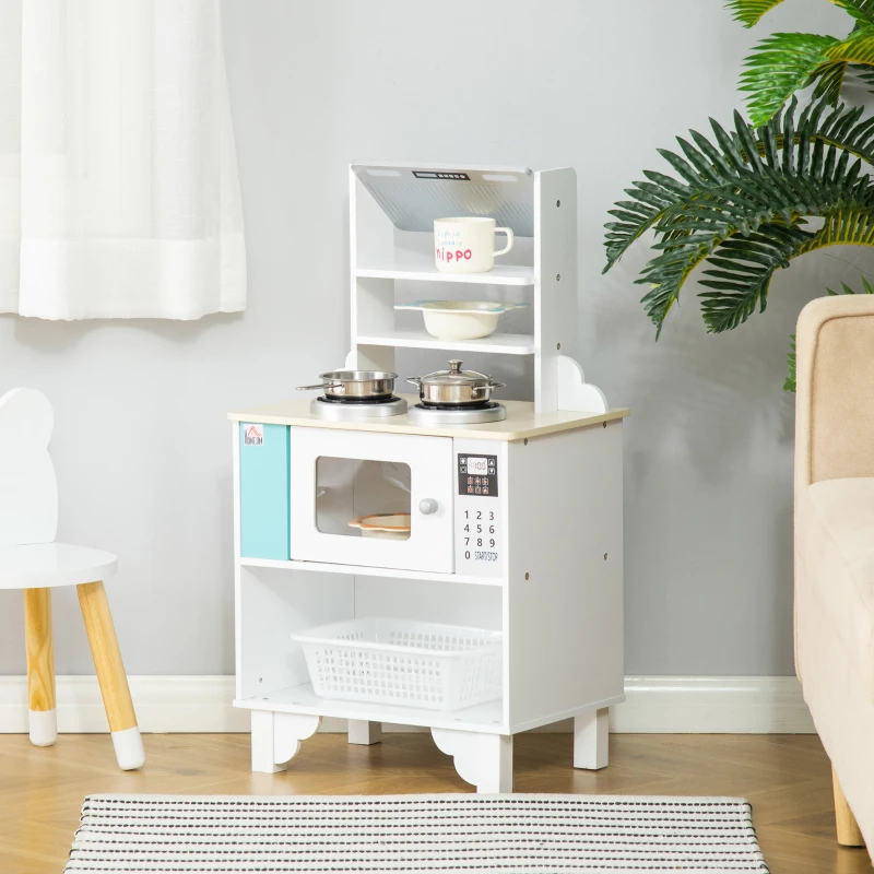 HOMCOM Kids Wooden Toy Kitchen Play Cooking Set Pretend Role Playset, Multiple Storage, with Cooking Bench, Pots, Storage Basket, for 3-6 Years