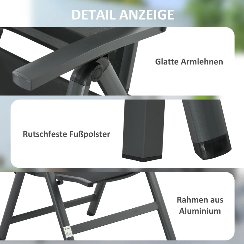 Outsunny Outdoor Sitzgruppe, 4 klappbare Stühle, Tisch mit Glasplatte, verstellbare Rückenlehne, Aluminium, Dunkelgrau