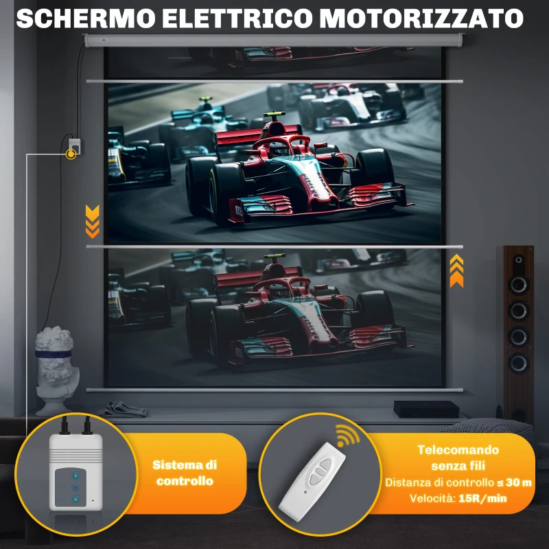 HOMCOM Telo Proiettore Motorizzato da 120" con Telecomando, in Plastica e Metallo, 236.5x8x236.5 cm, Bianco