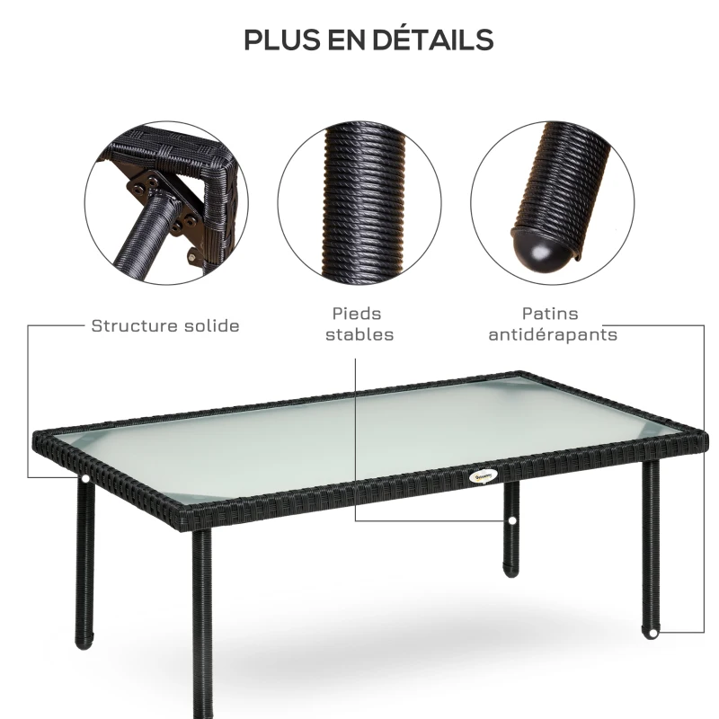 Outsunny Table basse de jardin plateau verre trempé 5 mm résine tressée imitation rotin noir