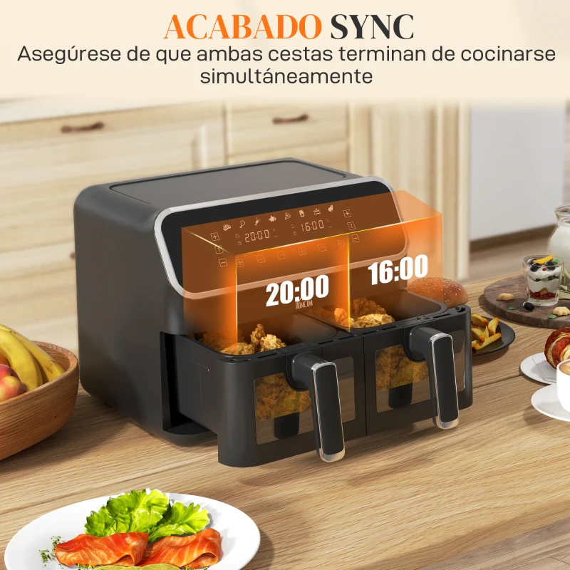 HOMCOM Freidora de Aire de 8L Freidora sin Aceite 2700W con 2 Cestas 8 Programas y Pantalla Digital Táctil 39x38,5x31cm Negro