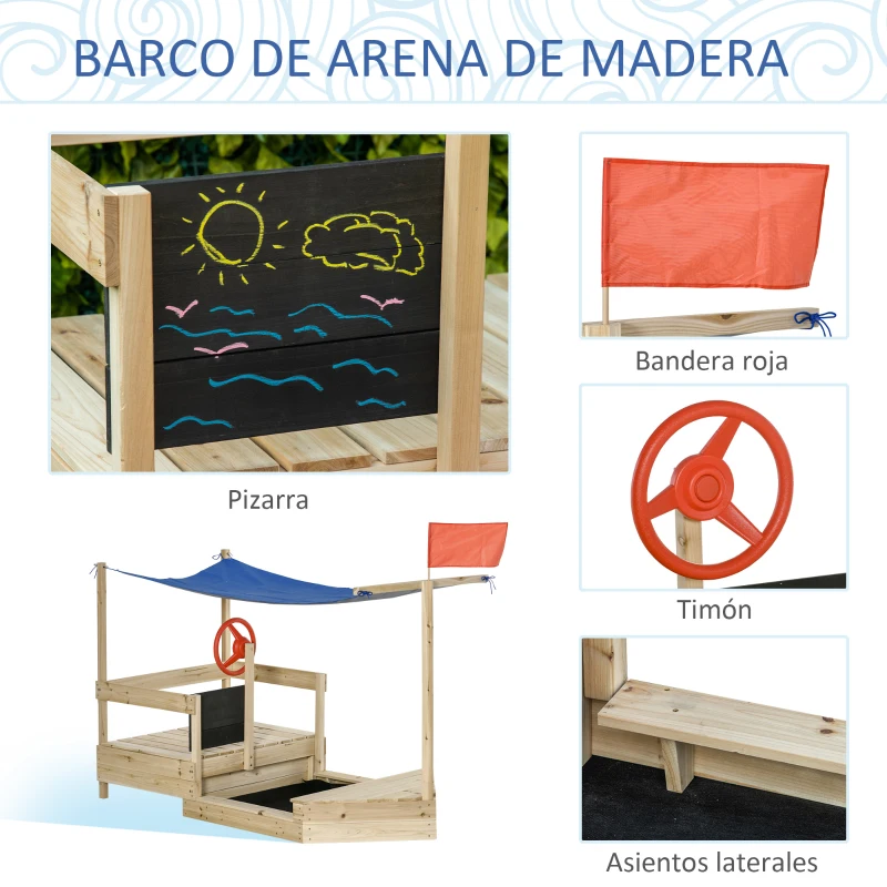 Outsunny Arenero Infantil de Madera Cajón de Arena de Jardín Diseño de Galeón con Vela Toldo Pizarra Bandera Roja y Timón para Niños de +3 Años 180x91,5x144 cm Natural