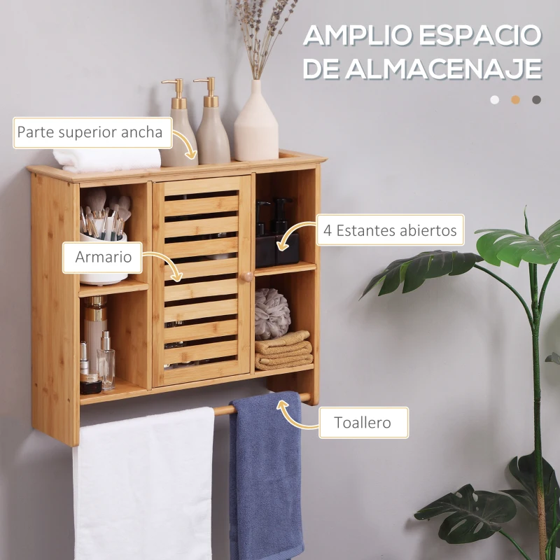kleankin Armario de Pared de Bambú Mueble Colgante de Baño con 4 Compartimientos y Toallero 65x17,8x54,6 cm Natural