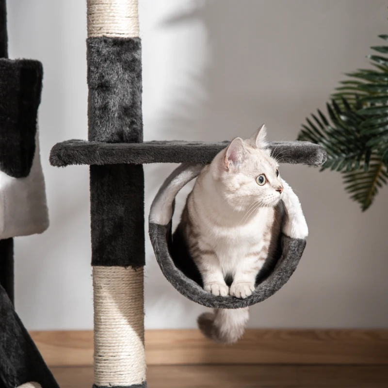 PawHut Tiragraffi per Gatti a Soffitto con Altezza Regolabile 240-260 cm, Albero Tiragraffi per Gatti Multilivello con Cucce, Amache e Scale, Corde in Sisal, Grigio Scuro e Bianco