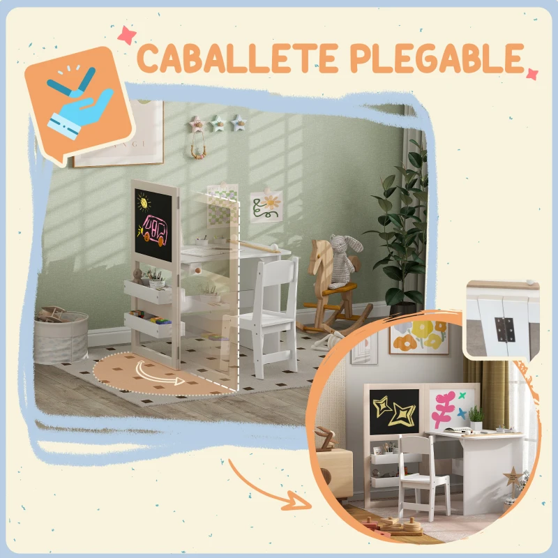 AIYAPLAY Mesa Infantil con Silla y Caballete Plegable Mesa para Niños de +3 Años con Estantes y Rollo de Papel Blanco