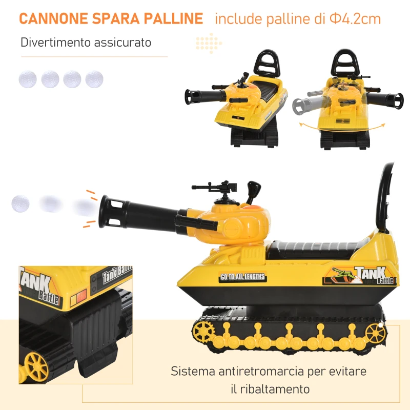 HOMCOM Macchina Cavalcabile per Bambini con Cannone Spara Palline e Vano Contenitore, Carro Armato per Bambini 3+Anni, 68x24x41.5cm, Giallo